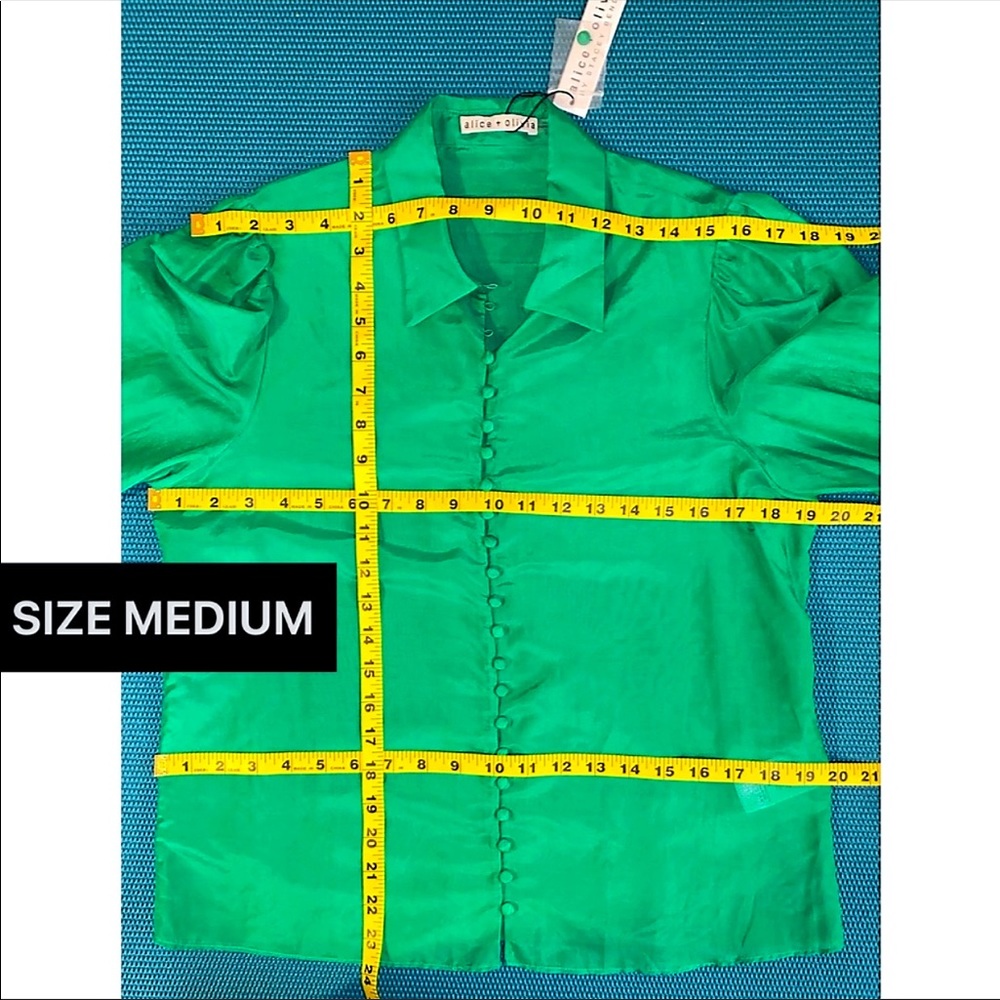 Alice + Olivia Joey Emerald Green Button Front Silk Blend Smocked Blouse - Picture 11 of 15